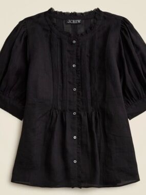 J.Crew Black Pintuck Button-Front Short Sleeve Top ramie xxs new no cami